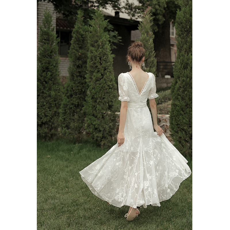 夏季茶歇法式白色连衣裙收腰修身雪纺长裙蕾丝裙仙女裙