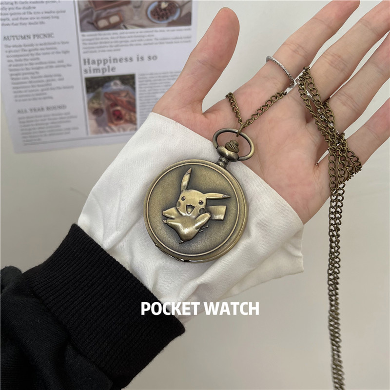 Bronze large pocket watch Pikachu thin chain large digital flip student pocket watch graduation gift children cartoon pocket watch