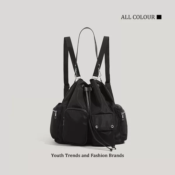 2024 Autumn and Winter Korean Style Multi-pocket Shoulder Bag Women's Fashion Niche Design Lightweight Backpack Drawstring Backpack