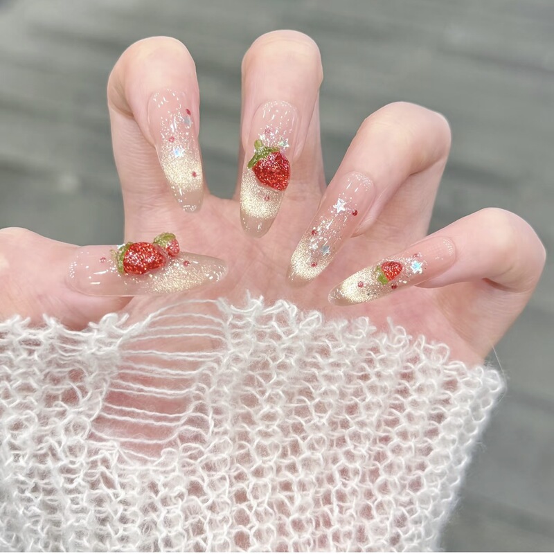 Naizi pure hand-made craft cute strawberry three-dimensional hand-painted large strawberry cat's eye nail nail patch