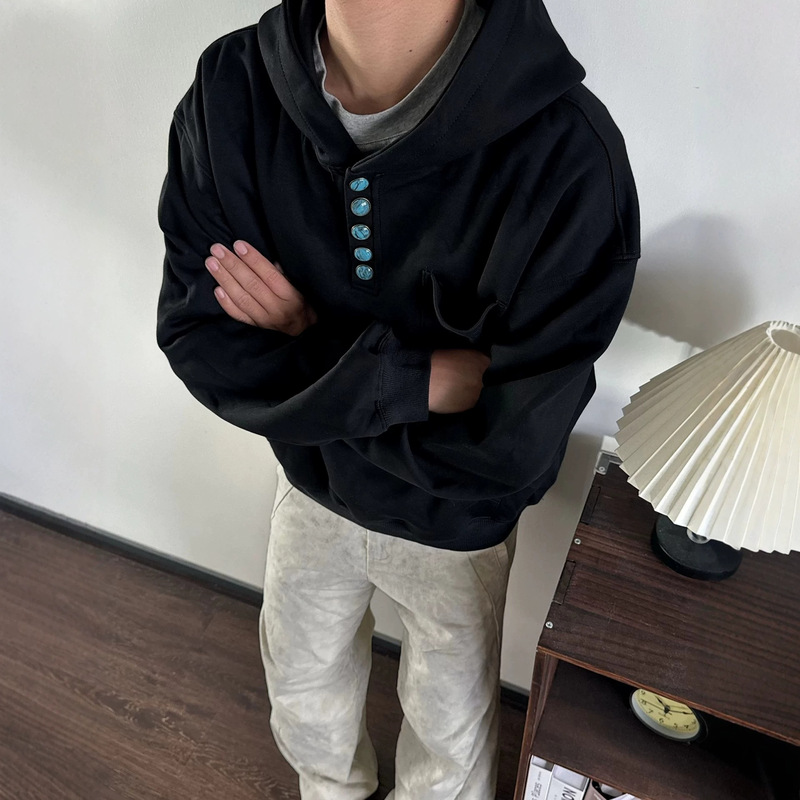 American Retro Turquoise Button Hooded Pocket Versatile Loose Pullover Heavyweight Fleece Warm Pure Autumn and Winter Sweatshirt
