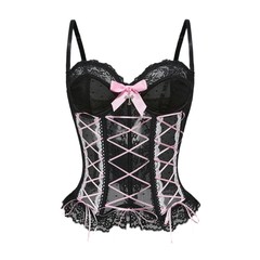 Cross Lace Tank Top跨境热款蝴蝶结交叉蕾丝鱼骨背心塑身胸衣