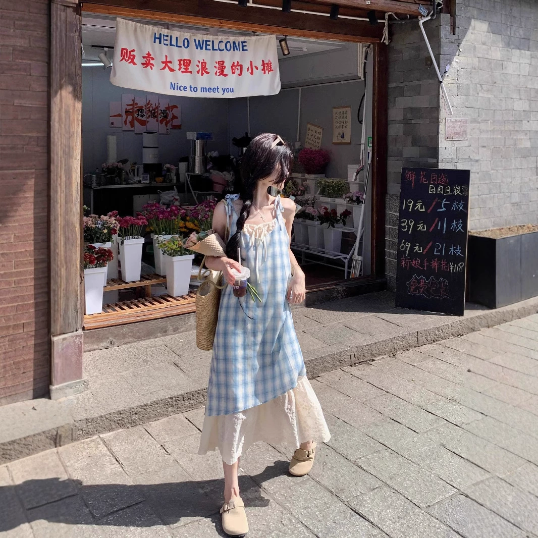 Курортный стиль шнуровое платье в клетку, женское лето новый поддельный два цвета, чтобы сшить темперамент