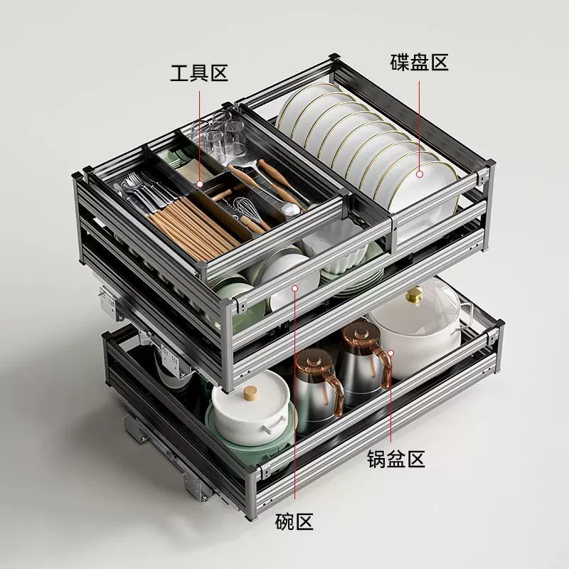 橱柜厨房拉篮抽屉式碗碟篮多功能三层组合抽中抽加粗收纳篮置物架