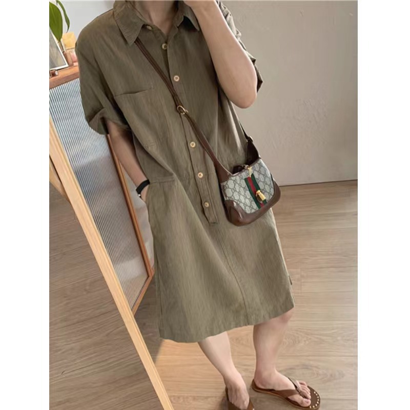 Đầm sơ mi suông tay ngắn thiết kế độc đáo dáng thẳng — màu xanh hải quân chi tiết 6