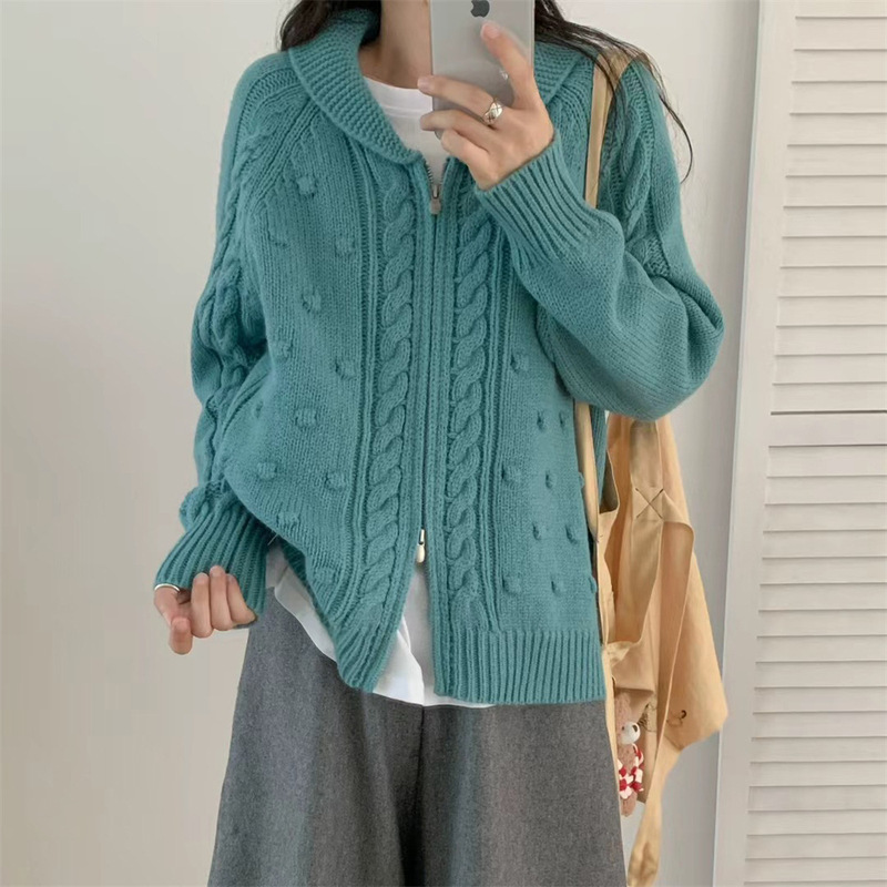 翻领加厚针织毛衣开衫外套女秋冬新款宽松慵懒风显瘦百搭气质上衣|undefined