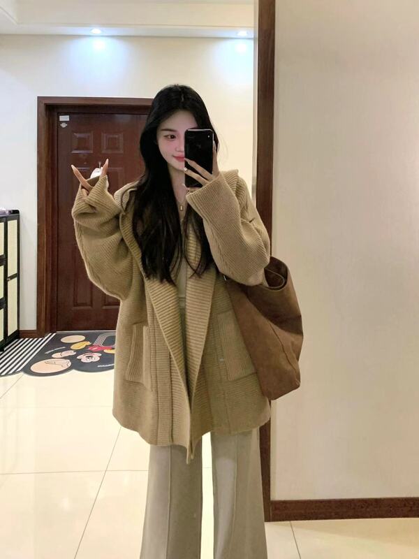 慵懒风连帽口袋毛衣开衫女秋冬韩系廓版中长款宽松针织衫外套|undefined
