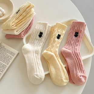 suxinaimin hemp pattern socks children's winter thickened fleece-lined warm tube socks ins embroidered cute cat stockings