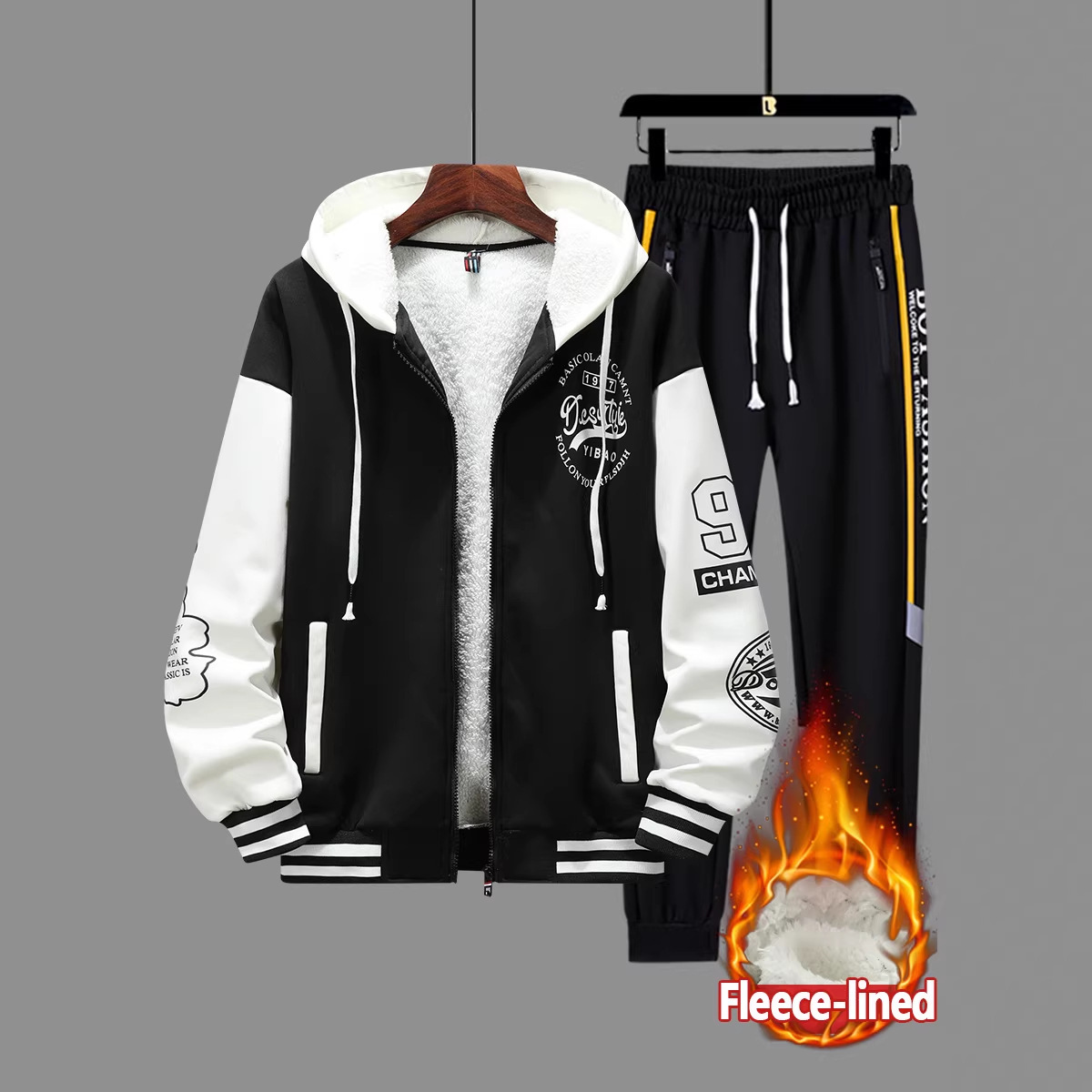 Invierno juvenil con camisa encapuchada gruesa, camiseta, pantalones casuales, ropa de moda al aire libre, hombre