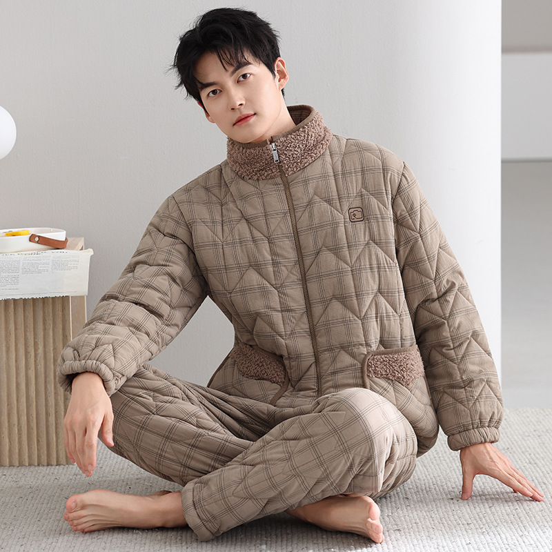 Men's Winter Pajamas, down Quilted Three-Layer Fleece-Lined and Thickeneded Winter New Style Warm and Wearable Home Clothes Set