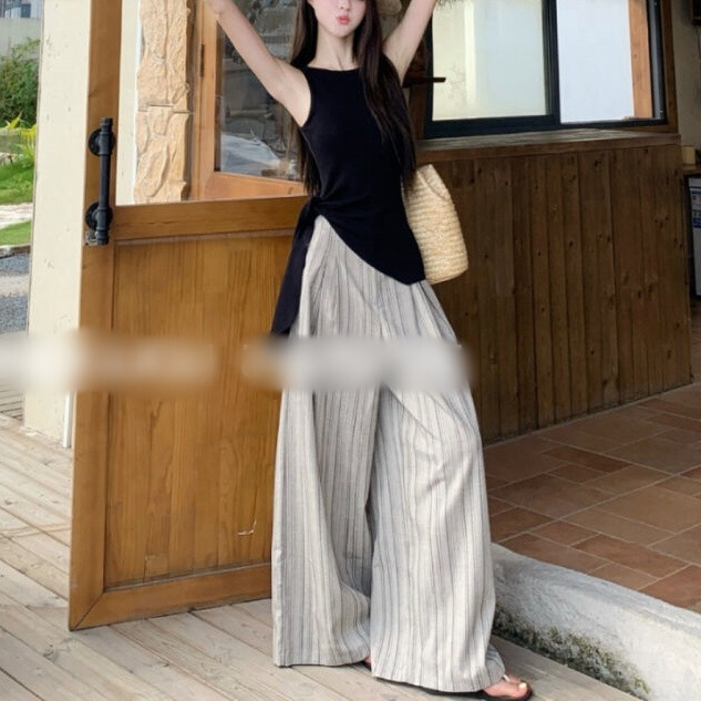 韩系套装高级感黑色背心飘带上衣女装夏条纹复古阔腿宽松高腰长裤|undefined