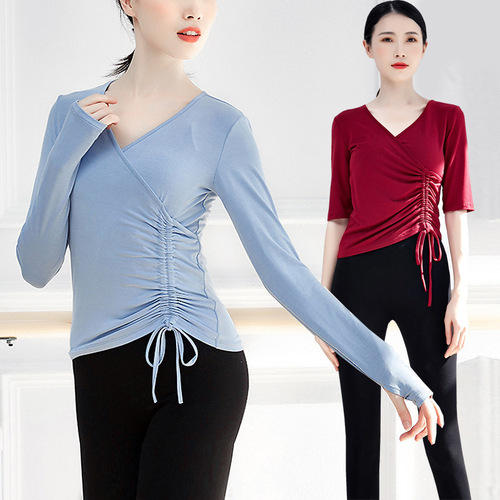 Dance practice clothes for women, modern classical jazz yoga body-slim tops with finger drawstrings, long sleeves, art exams for adults