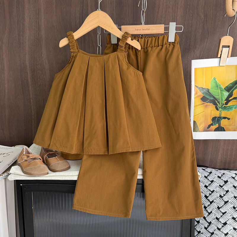 2025 New Girls Suit Pure Color Sleeveless Vest Top Wide Leg Pants Two-Piece Set Girls Korean Casual Summer Wear