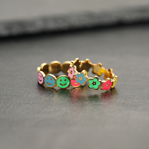 Cross-border stainless steel jewelry, fresh and sweet, colorful smiley face, flower opening, adjustable titanium steel ring, women's hand jewelry