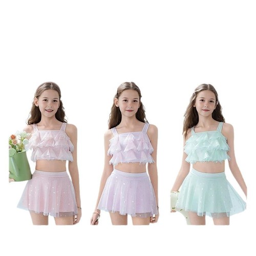 Girls' and Children's Summer Swimsuit Princess Dress Style Hot Spring Swimwear Middle and Older Children's Swimming Suit Sports Two-Piece Set