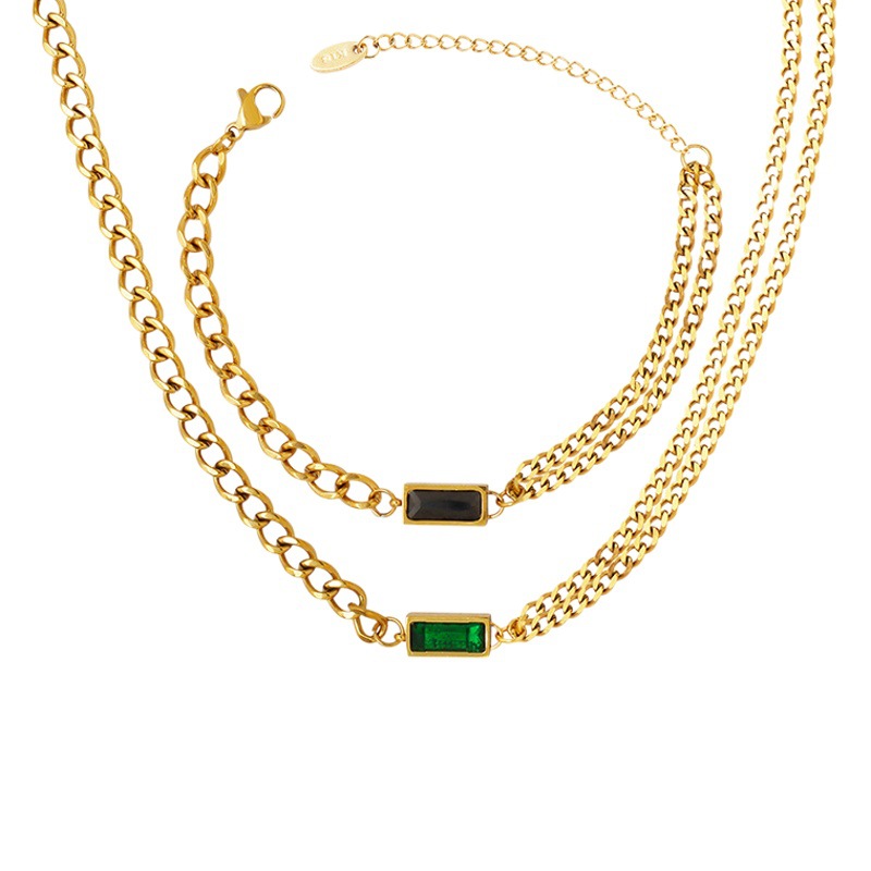 Europeo y Americano INS de moda de lujo ligero Cadena de circón de doble cadena apilada collar de las mujeres no se desvanece pulsera chapado en oro traje de joyería