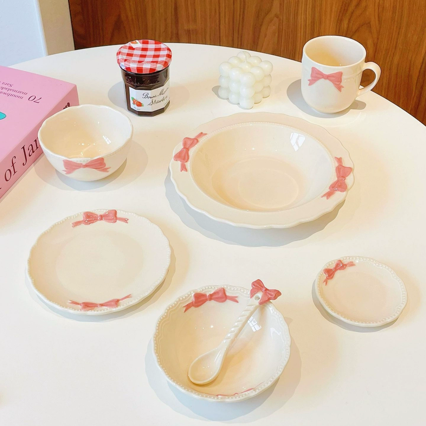 High Beauty Value Bow Cute Small Rice Bowl Cake Dim Stick Plate Deep Plate Cup Girly Heart Ceramic Tableware Household Dish Plate