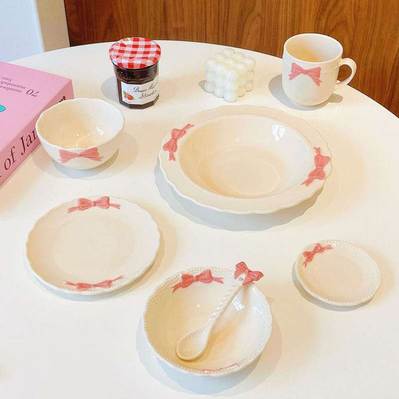 High Beauty Value Bow Cute Small Rice Bowl Cake Dim Stick Plate Deep Plate Cup Girly Heart Ceramic Tableware Household Dish Plate