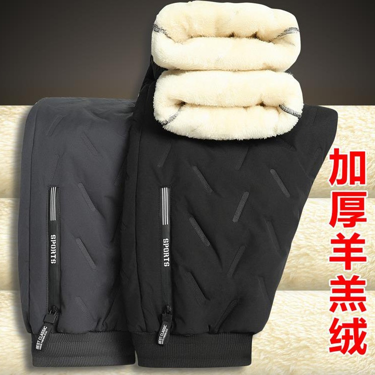 Pantalones de lana de cordero americano para hombres, invierno cálido más terciopelo grueso, moda, pantalones de algodón de ocio deportivo suelto de todo fósforo