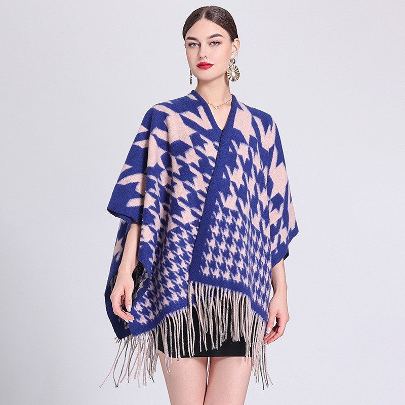 Shawl cape Lady's plaid cardigan with fringe plaid cape scarf woolen coat_voghion.com