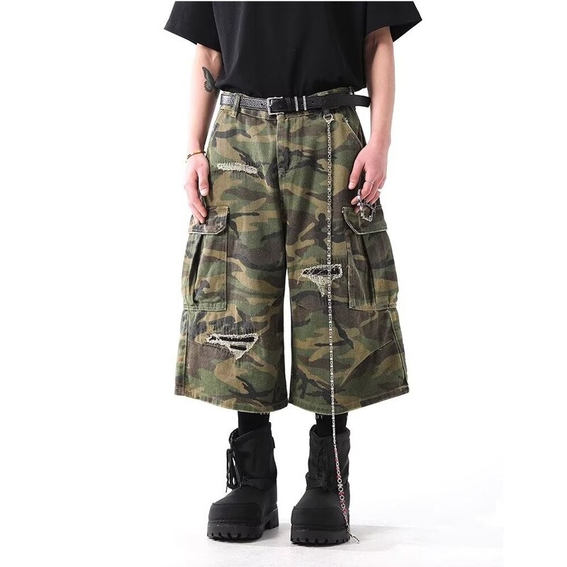2025 American High Street Camouflage Tooling Destruction Niche Design Straight Denim Cropped Pants Men's and Women's All-match Shorts