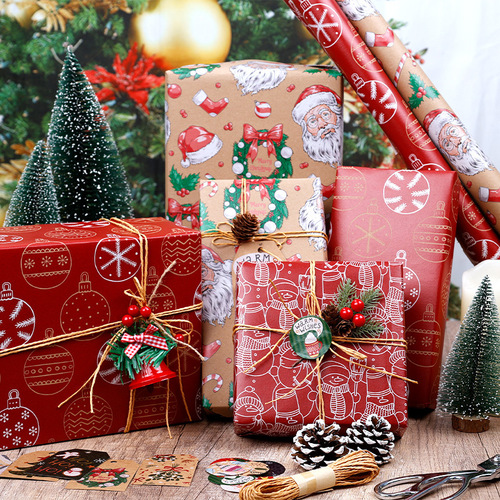 Cross-border Amazon exclusive new retro Christmas kraft paper wrapping paper Christmas gift wrapping paper DIY kit 
