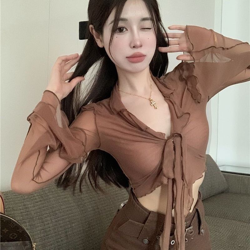 Women's gauze long-sleeved hot girl top summer new lightweight lace-up bell sleeve slightly transparent slimming short ruffled cardigan