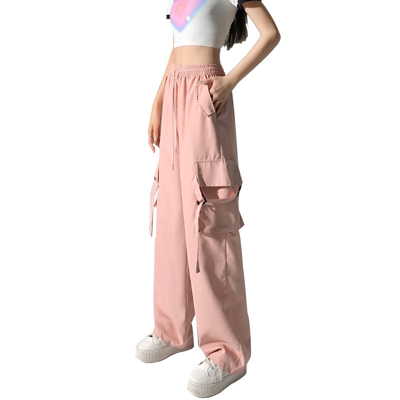 Mono rosa para mujer 2024 verano delgada cintura alta drapeado de secado rápido bolsillo ancho pierna casual Pantalones deportivos americanos para mujer