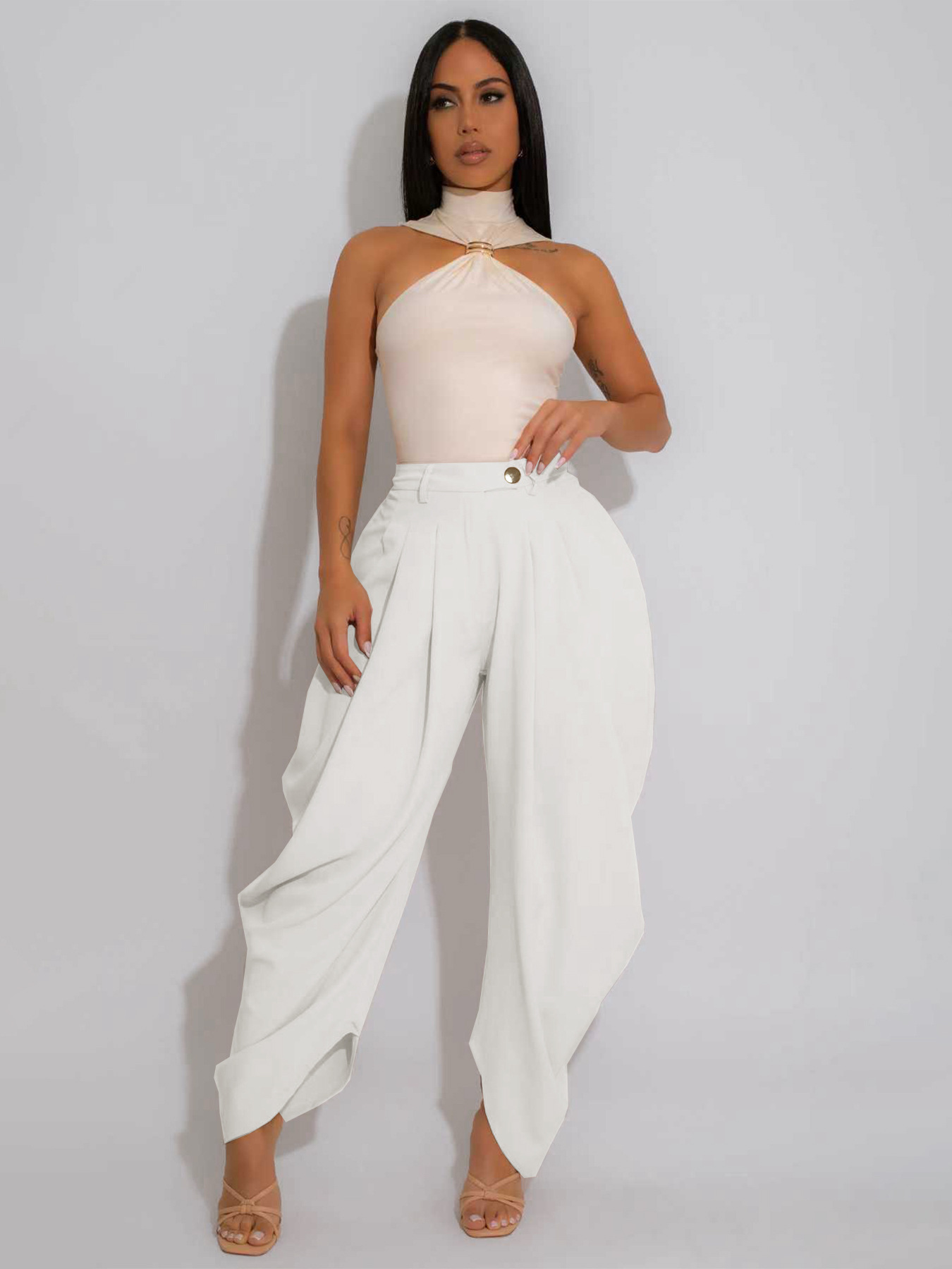 Damen Freizeithose In Unifarben Mit Blumendetail Urbaner Stil_voghion.com