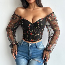 复古欧美刺绣拼接灯笼袖鱼骨上衣田园浪漫碎花网纱鱼骨胸衣