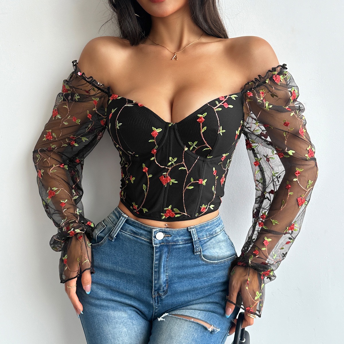 复古欧美刺绣拼接灯笼袖鱼骨上衣田园浪漫碎花网纱鱼骨胸衣