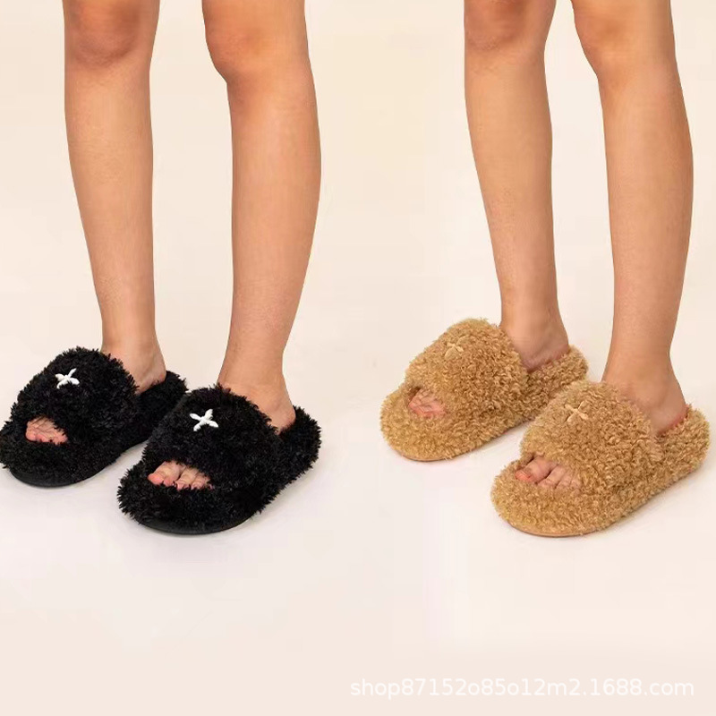 Smfr Black Velvet Plush Slippers with Cross Pattern, Warm and Thick-Soled Outdoor Slippers for Women