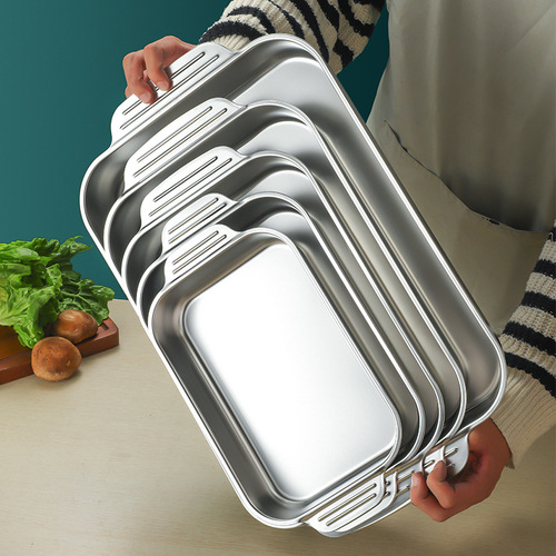 Stainless steel flat bottom thickened grilled fish plate commercial rectangular baking tray golden dumpling plate vegetable plate rice plate