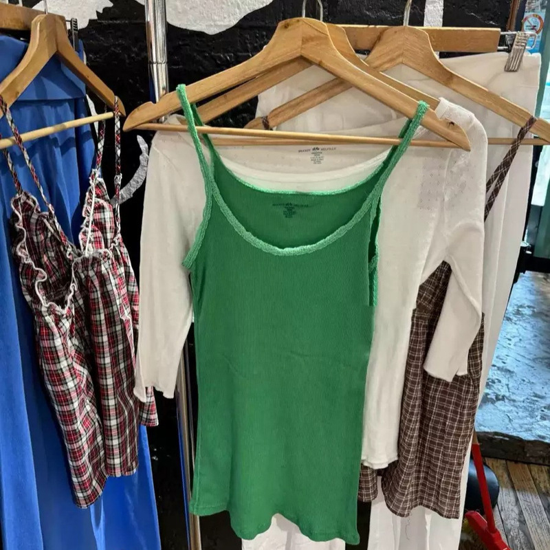 Bm New American Retro Long Green Lace-Trimmed Ribbed Camisole Bm Versatile Pure Desire Style Tank Top for Women Summer