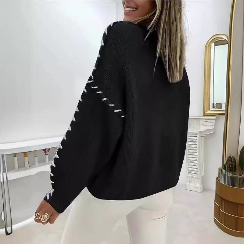 Women's Clothing spring and autumn women's fashion pullover solid color round neck long sleeved top wear rope loose knitted sweater_voghion.com