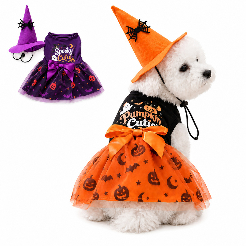 Halloween Pet Witch Dress and Hat Set Pumpkin Ghost Bow Dog Costume Holiday Party
