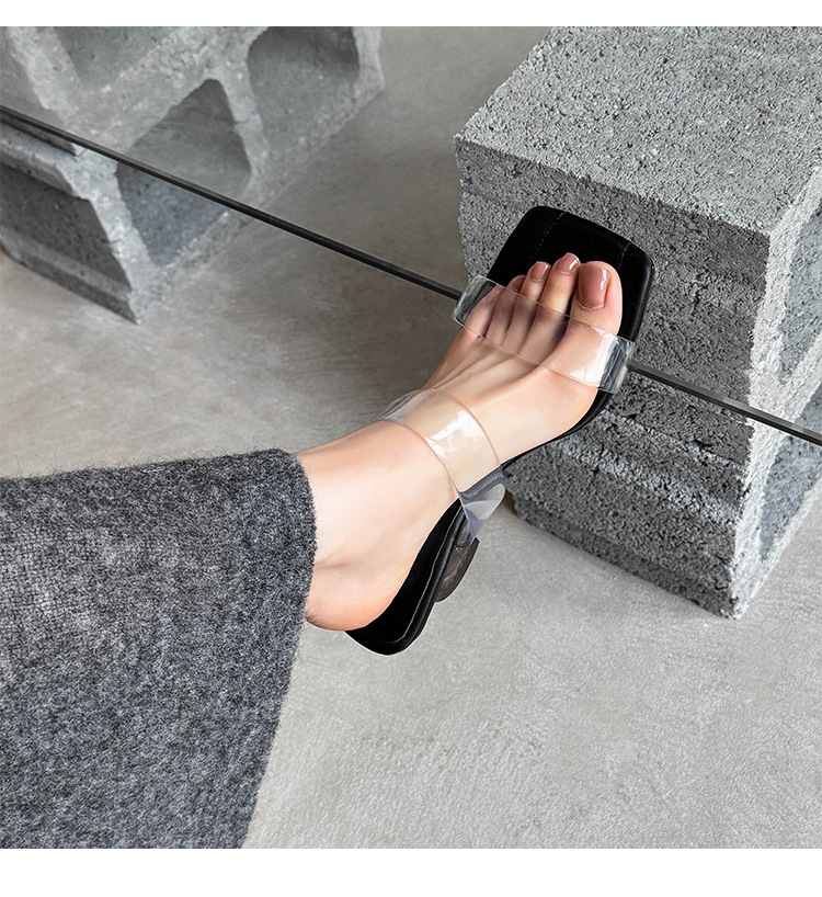 Dép cao gót nữ quai ngang trong suốt phiên bản da cừu Yichuan, gót cao 9 cm — Vân báo, Màu đen, Màu bạc chi tiết 22