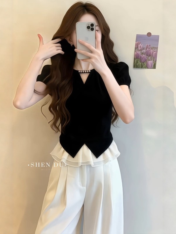 Áo sơ mi nữ cổ V tay ngắn phong cách Pháp, thiết kế che khuyết điểm tôn dáng — màu đen