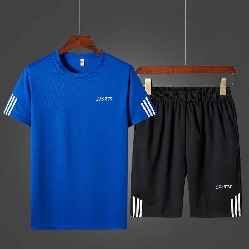 Trajes deportivos para hombres, hielo, correr, secado rápido, ropa de hombre, pantalones cortos de mangas cortas con una hermosa malla, un conjunto completo de ropa de verano.
