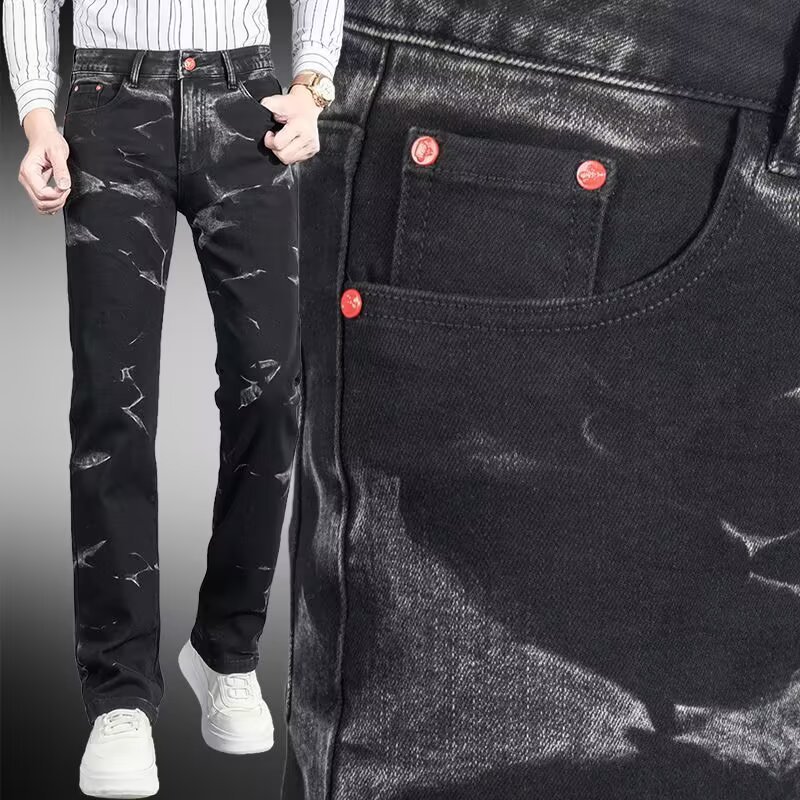 重磅水洗潮流印花牛仔裤2025新款男潮牌高端弹力修身休闲小直筒裤