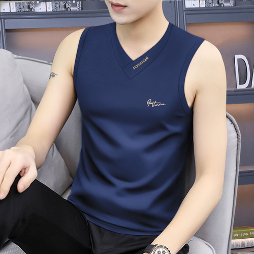 Summer New Men's V-Neck Wide Shoulder Open-Front Shirt Sleeveless Tank Top Sweatshirt Base Layer Running Fitness T-shirt