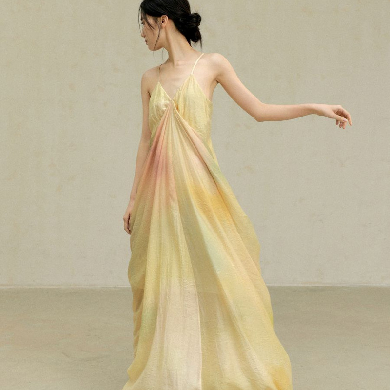 French-Style Fairy-Like Seaside Vacation Long Dress with Drapey Yellow Gradient Print V-Neck Strap Dress for Women in Summer