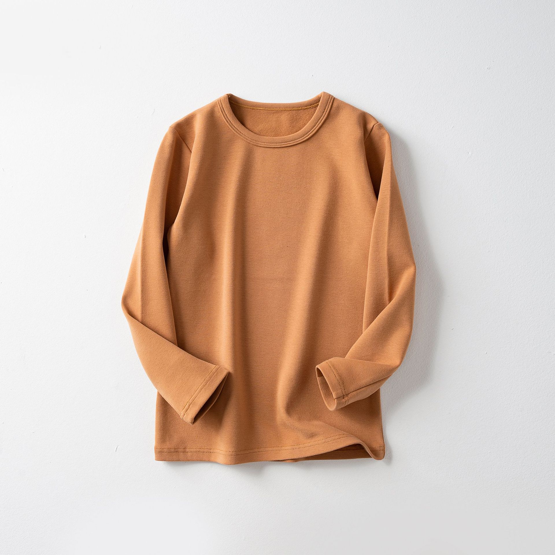 Camiseta interior térmica gruesa de forro polar para niños, top de manga larga con cuello redondo de color liso para niñas y niños, ropa interior térmica.