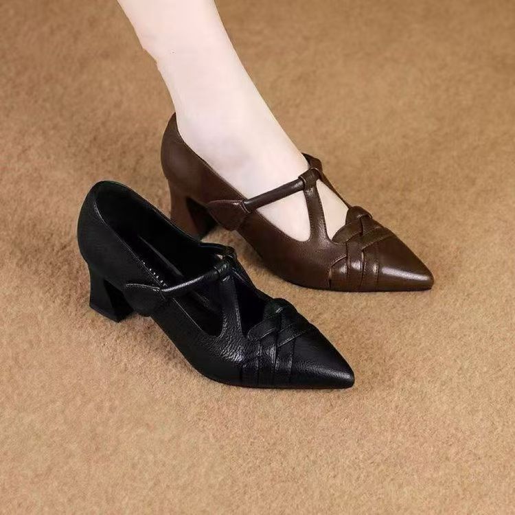 2026 primavera y verano nuevos zapatos de boca superficial de mujer con hebilla de talón grueso y desgaste zapatos de talón alto de mujer