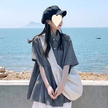 韩版复古短袖格子娃娃衫女夏季宽松衬衫上衣设计感衬衣