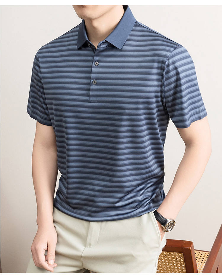 Áo polo nam tay ngắn cổ bẻ sọc kẻ chất liệu tơ tằm mulberry mềm mịn — Vàng tím 8878 chi tiết 24