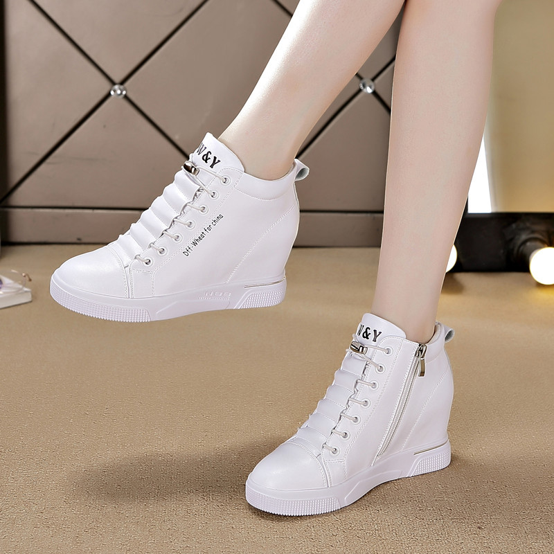 Inner Height-Increasing Women's Shoes 2025 Spring and Summer New Casual Shoes Korean Style Wedge Flats Thick-Soled High-Top Travel White Shoes
