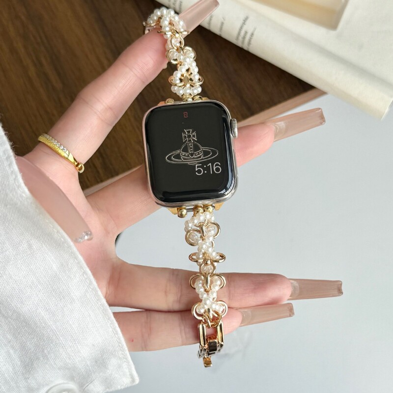 Pearl Chain Metal Watch Band Suitable for Apple Watch Iwatch10 Generation 987654Ultra/Se