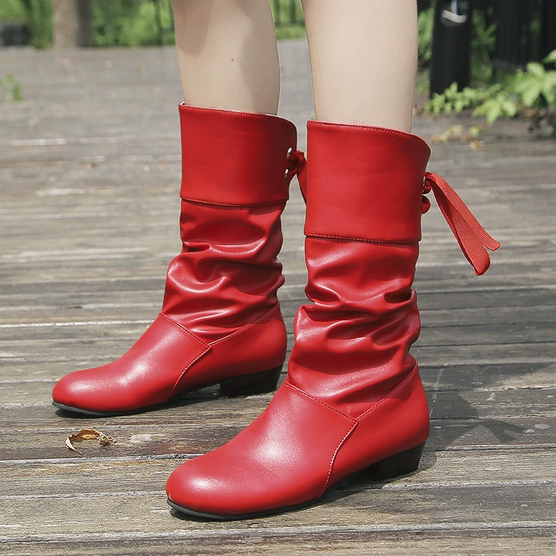 Европейские и американские Новые короткие сапоги 2023 года, плиссированные сапоги с квадратным каблуком и высоким бантом, женская обувь на шнуровке больших размеров, внешняя торговля, размер 43