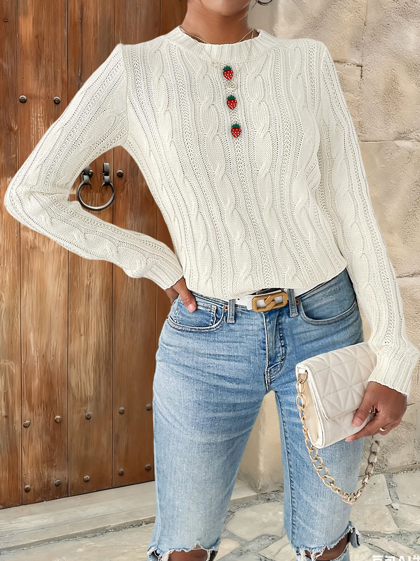 Bow Patchwork Round Neck Pullover Simple Bottoming Woven Sweater 17 Bow Patchwork Round Neck Pullover Simple Bottoming Woven Sweater